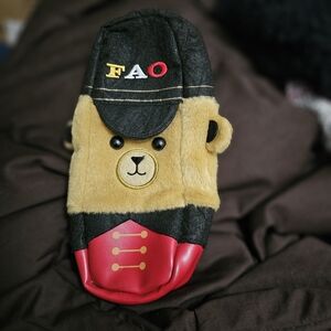 FAO Schwarz Bear Face Plush Pencil Bag in Black, Tan, and Red